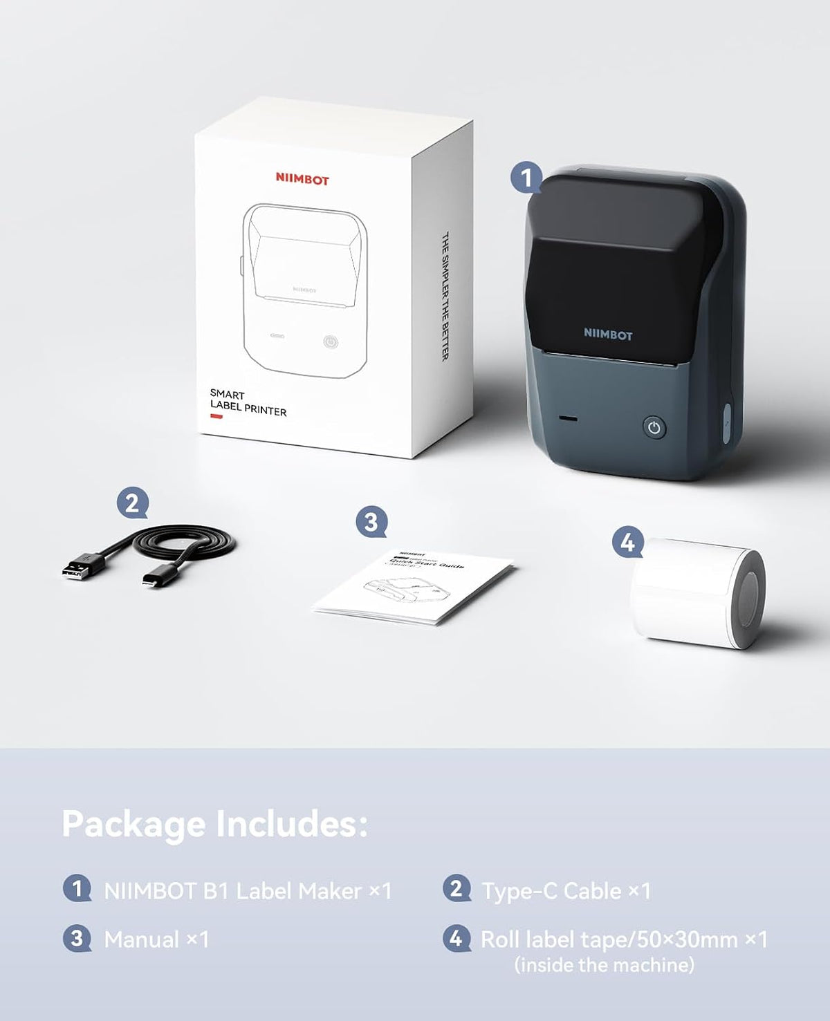 NIIMBOT B1 Portable Thermal Label Maker - Compact Bluetooth Printer for Home, Office, and School Use - Monochrome Printing in Stylish Blue