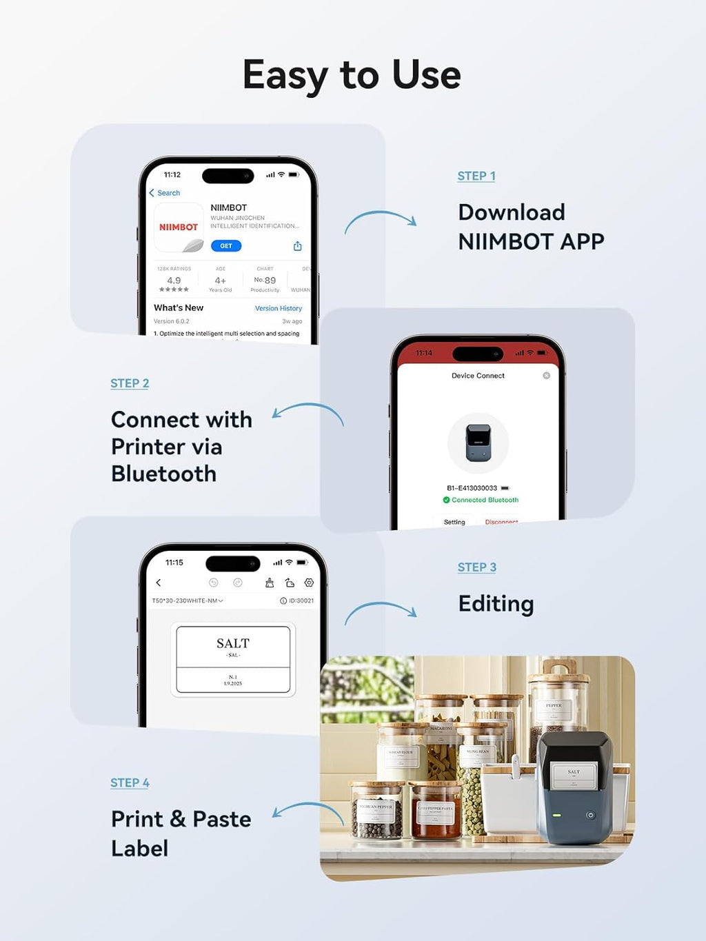 NIIMBOT B1 Portable Thermal Label Maker - Compact Bluetooth Printer for Home, Office, and School Use - Monochrome Printing in Stylish Blue