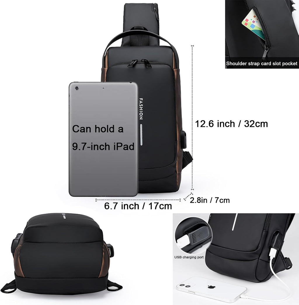 Anti-Theft Sling Bag for Men Waterproof Crossbody Bag with Combination Lock & USB Charging Port Lightweight Chest Backpack for Travel Hiking (Black)