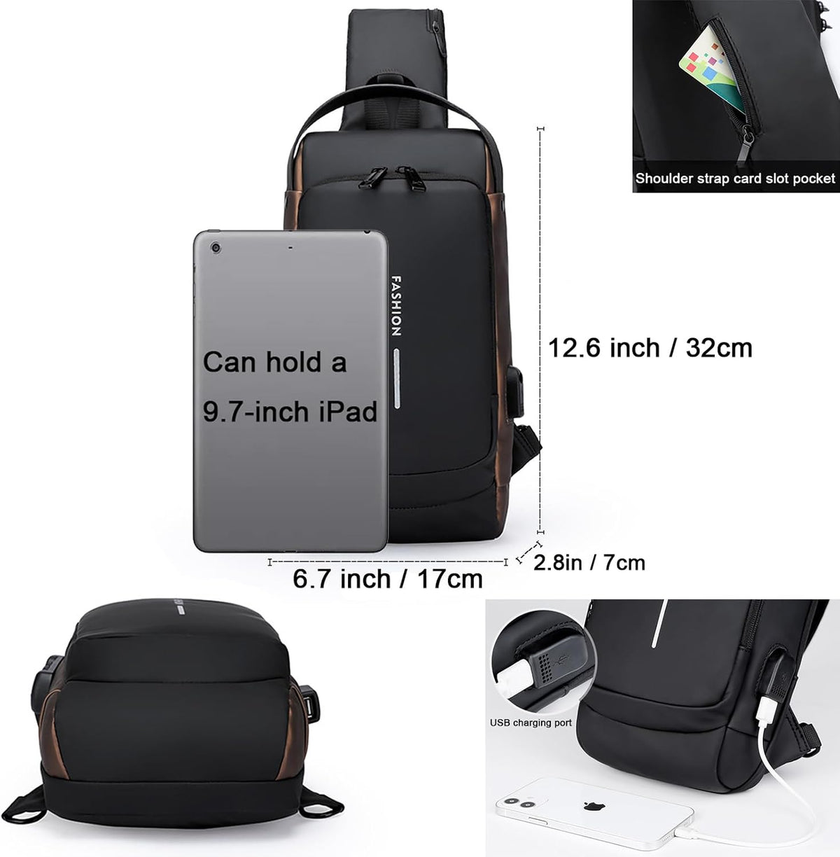 Anti-Theft Sling Bag for Men Waterproof Crossbody Bag with Combination Lock & USB Charging Port Lightweight Chest Backpack for Travel Hiking (Black)
