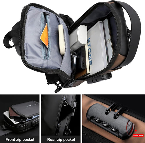 Anti-Theft Sling Bag for Men Waterproof Crossbody Bag with Combination Lock & USB Charging Port Lightweight Chest Backpack for Travel Hiking (Black)