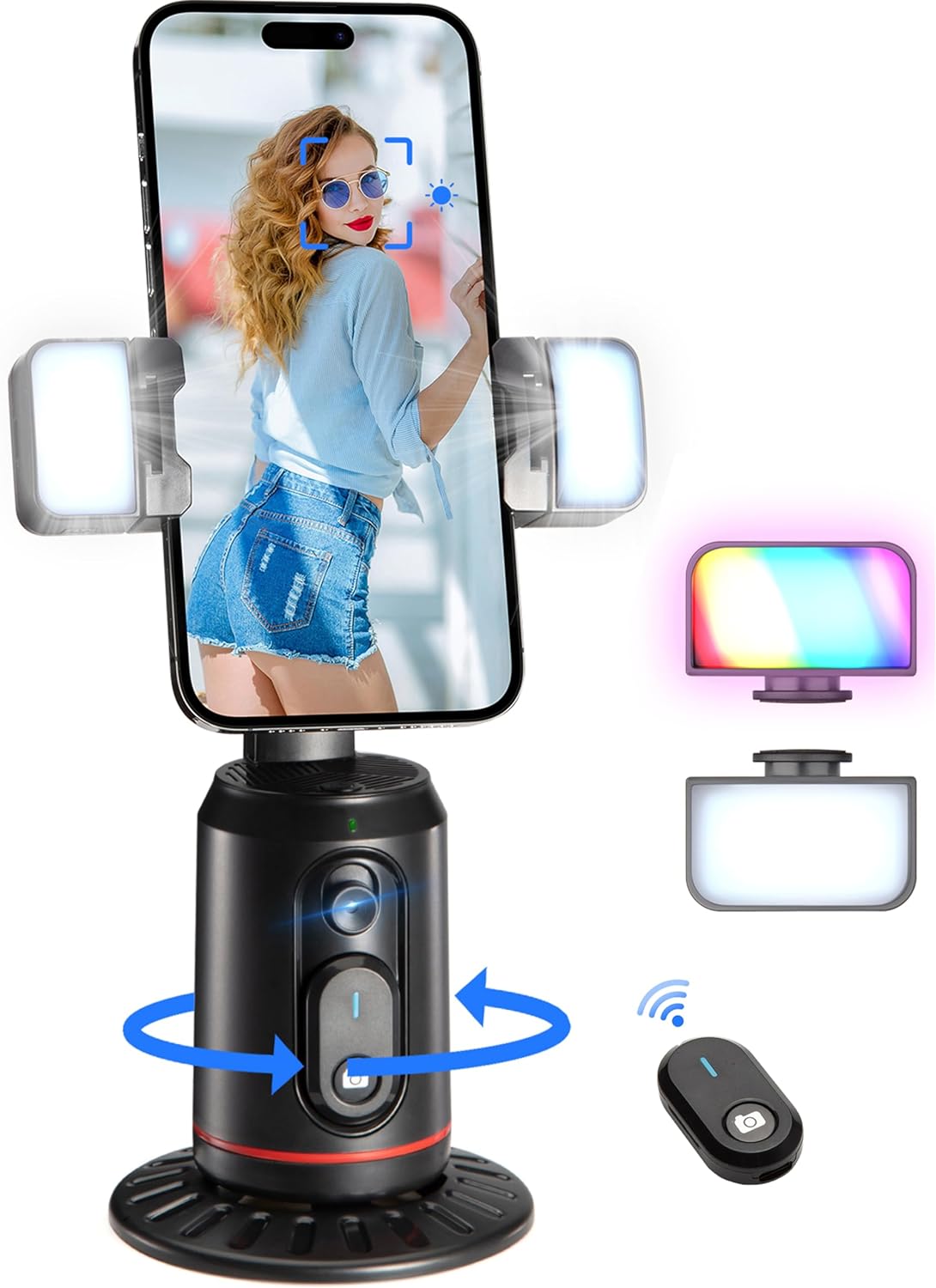 Revolutionary Auto Face Tracking Phone Holder - 360° Rotating Tripod for Effortless Live Streaming and Vlogging with Built-in Remote and Rechargeable Light