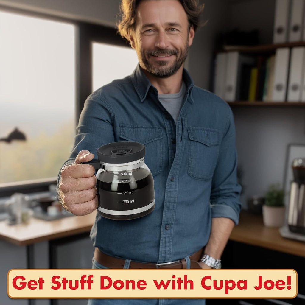Cupa Joe Coffee Mug – 20oz Borosilicate Glass Diner Pot with Spill-Proof Lid – The Perfect Funny Gift for Coffee Lovers, Dads, and Office Goers!