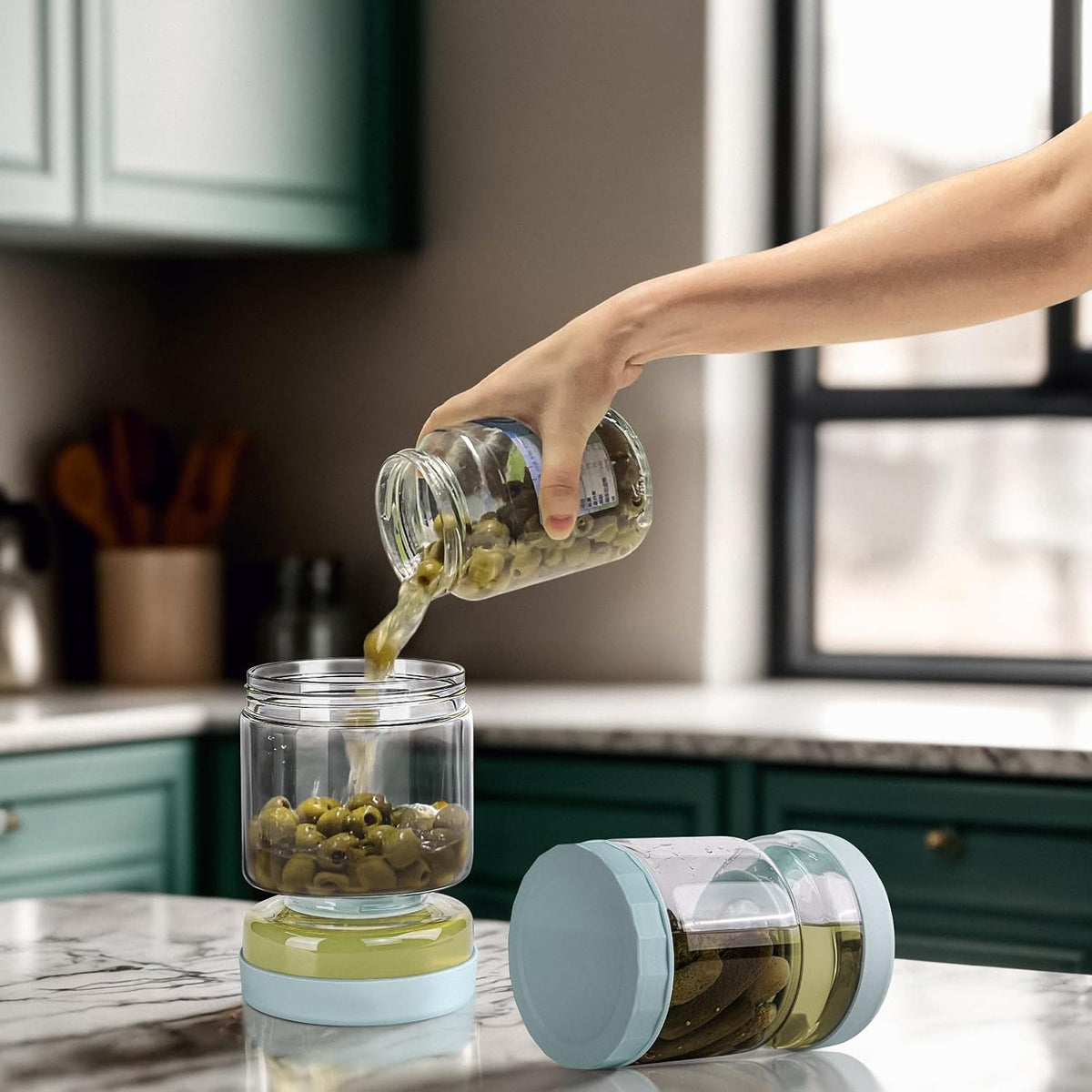 Premium Glass Pickle Jar with Strainer - 34oz Airtight Container for Fresh Pickles, Olives, and More - Durable, Leakproof, and Dishwasher Safe