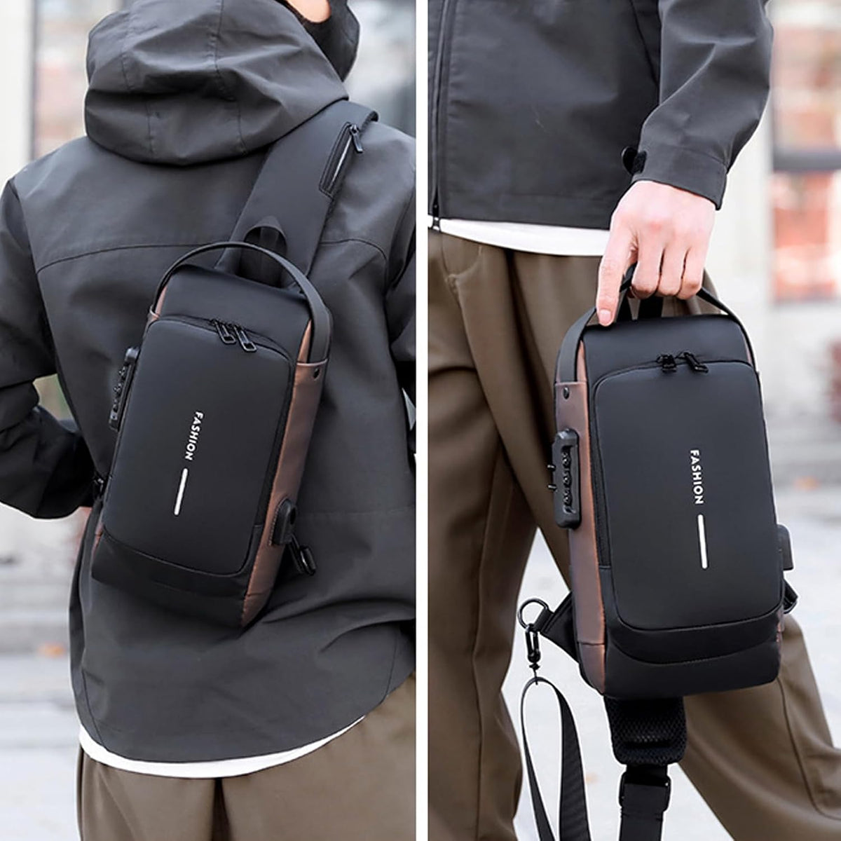 Anti-Theft Sling Bag for Men Waterproof Crossbody Bag with Combination Lock & USB Charging Port Lightweight Chest Backpack for Travel Hiking (Black)