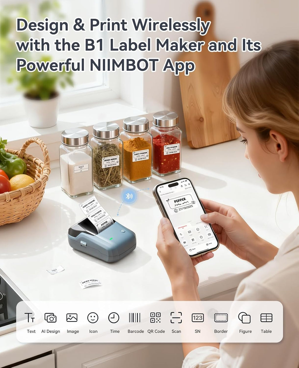 NIIMBOT B1 Portable Thermal Label Maker - Compact Bluetooth Printer for Home, Office, and School Use - Monochrome Printing in Stylish Blue