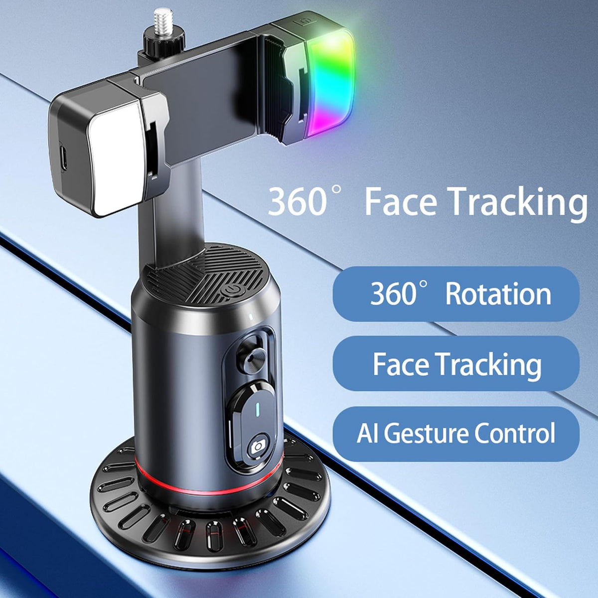 Revolutionary Auto Face Tracking Phone Holder - 360° Rotating Tripod for Effortless Live Streaming and Vlogging with Built-in Remote and Rechargeable Light