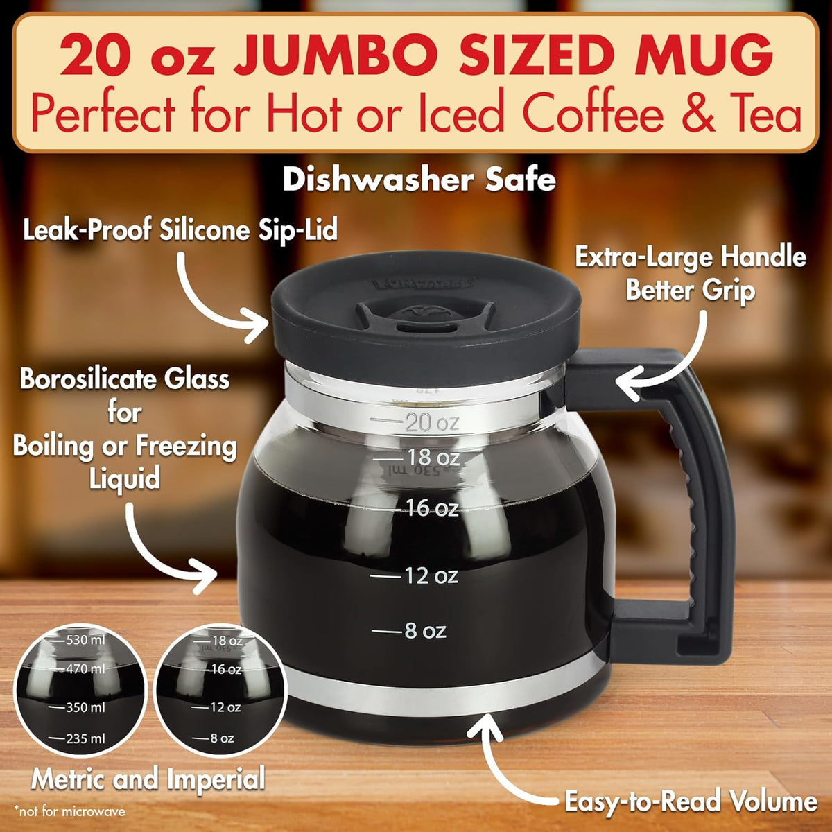 Cupa Joe Coffee Mug – 20oz Borosilicate Glass Diner Pot with Spill-Proof Lid – The Perfect Funny Gift for Coffee Lovers, Dads, and Office Goers!