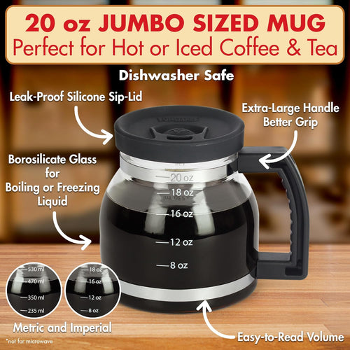 Cupa Joe Coffee Mug – 20oz Borosilicate Glass Diner Pot with Spill-Proof Lid – The Perfect Funny Gift for Coffee Lovers, Dads, and Office Goers!
