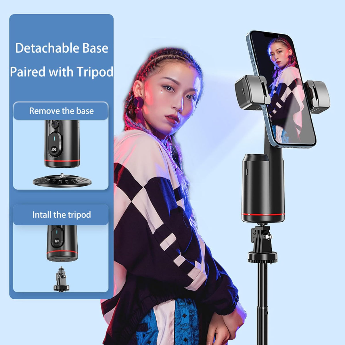 Revolutionary Auto Face Tracking Phone Holder - 360° Rotating Tripod for Effortless Live Streaming and Vlogging with Built-in Remote and Rechargeable Light
