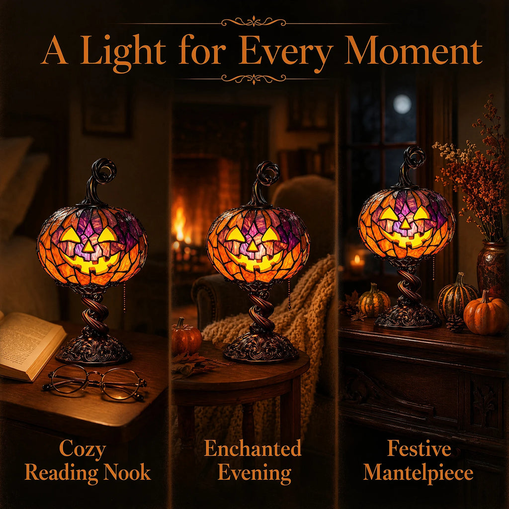 Enchanting Halloween Pumpkin Table Lamp - Stained Glass Night Light for a Magical Home Atmosphere