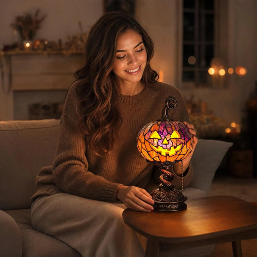 Enchanting Halloween Pumpkin Table Lamp - Stained Glass Night Light for a Magical Home Atmosphere