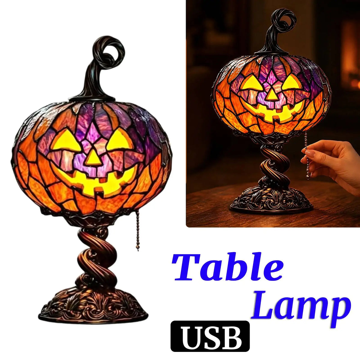 Enchanting Halloween Pumpkin Table Lamp - Stained Glass Night Light for a Magical Home Atmosphere