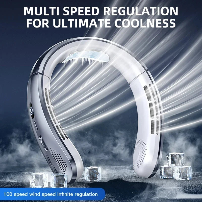 Stay Cool Anywhere: 8000mAh Portable Bladeless Neck Fan with USB Rechargeable Power and LED Display