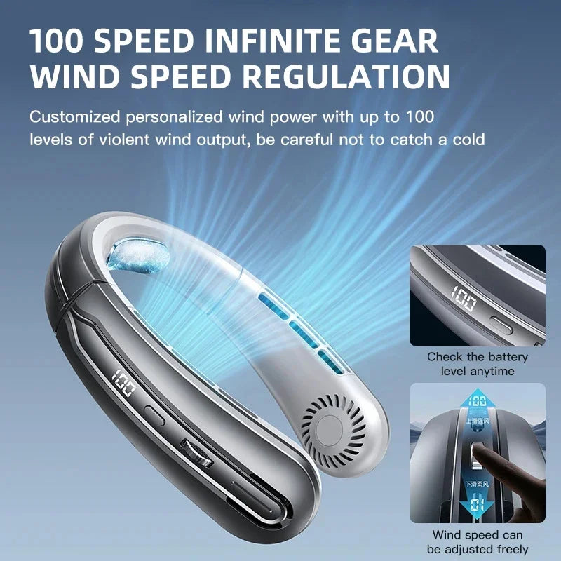 Stay Cool Anywhere: 8000mAh Portable Bladeless Neck Fan with USB Rechargeable Power and LED Display