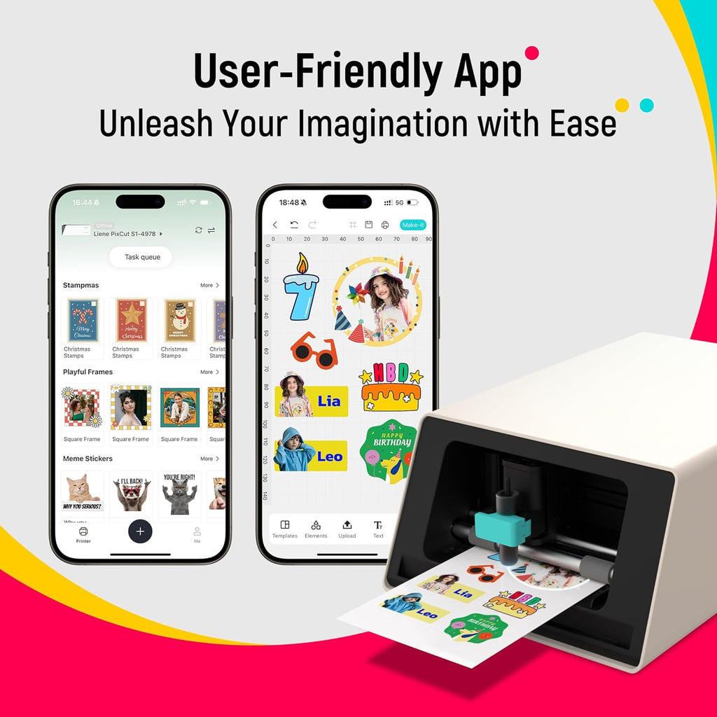 Pixcut S1 Color Sticker Printer & Cutting Machine - All-In-One Sticker Maker for DIY Crafts, Custom Labels & Gifts. Thermal Dye-Sublimation Photo Printer, 300 DPI, Precise AI Auto-Cutting